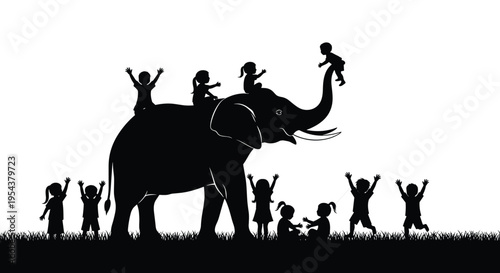 Black Silhouette of Happy Children Playing with a Large Elephant in a Grassy Field Representing Childhood Wonder Nature and Conservation
