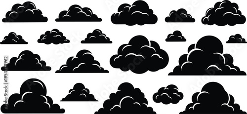 Black vector silhouette set of fluffy clouds for concepts of weather forecasting sky atmosphere nature climate and outdoor environment branding assets
