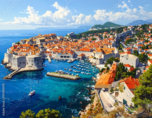Wallpaper Mural Aerial view captures a walled city on a coast with red-tiled roofs, boats in a harbor, and the sea under a blue sky Torontodigital.ca