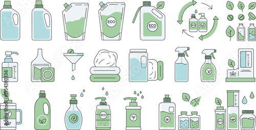 Eco Friendly Cleaning Product Icons Set with Sustainable Household Detergent Bottles, Spray Containers, Natural Ingredients, Recycling Symbols, and Zero Waste Packaging Concepts
