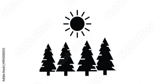 Black vector silhouette of pine trees under a shining sun for concepts of forest nature summer environment timber and branding