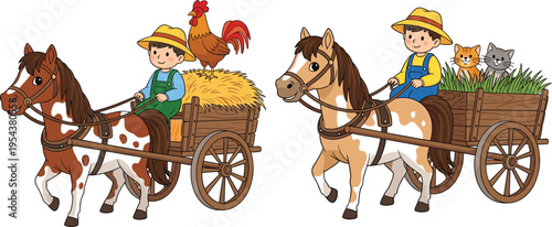 Colorful cartoon illustration of horse-drawn farm carts with children, hay, rooster, cats, and grass, symbolizing rural life, agriculture, countryside, and creative artwork projects