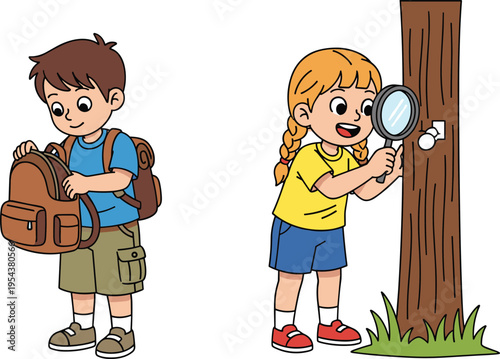 Cartoon Vector Illustration of Little Boy with Backpack and Young Girl Using Magnifying Glass to Explore Nature Isolated on White