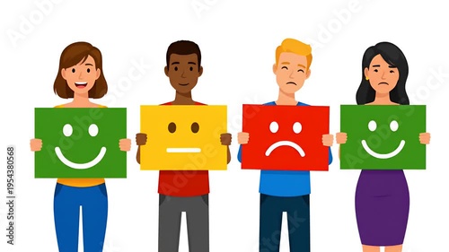 Diverse People Hold Color Feedback Cards Happy Neutral Sad Faces