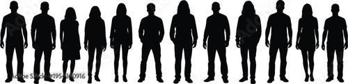 Black vector silhouette set of diverse people standing in a row for concepts of community teamwork crowd social unity and