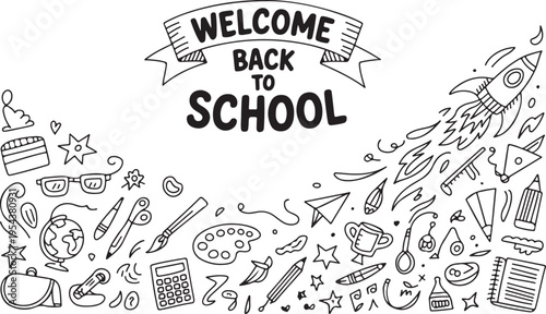 Joyful welcome back to school banner surrounded by educational doodles and learning supplies