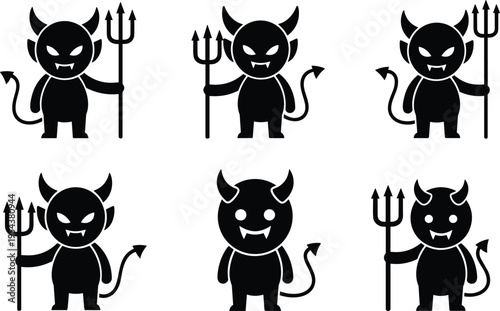 Black vector silhouette set of cute little devils for concepts of Halloween mystery hell evil monsters fantasy and spooky branding