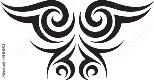 Powerful symmetrical tribal tattoo design with flowing abstract swirl elements and sharp points