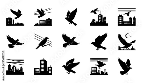 Urban bird icon pack with pigeons crows and sparrows flying near buildings vector