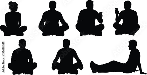 Black vector silhouette set of people sitting in yoga poses for concepts of meditation relaxation mindfulness mental health and wellness,