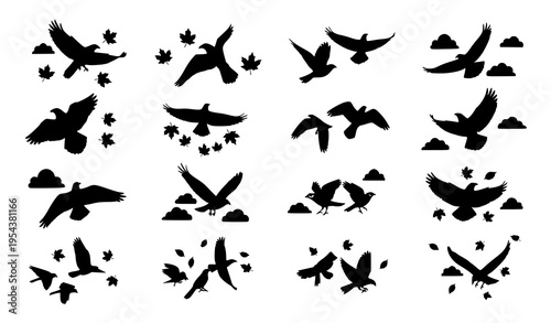 Bird flock silhouettes with autumn leaves and clouds vector set for seasonal designs