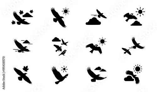 Bird flock icon pack with autumn leaves clouds and sun vector for seasonal design