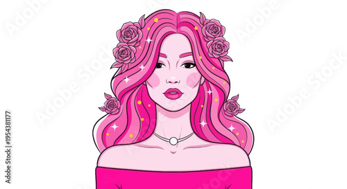 Vibrant Pink Haired Woman with Rose Flower Crown and Sparkles - Illustration