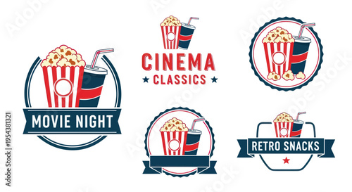 Movie Night Cinema Retro Snacks Popcorn and Soda Icons Set
