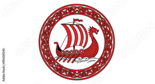 Red Viking Ship Dragon Head Sail Emblem Circle