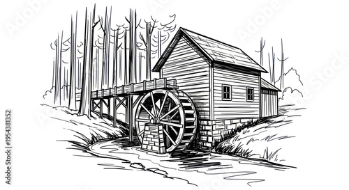 Rustic Watermill in Forest - Hand Drawn Sketch Illustration
