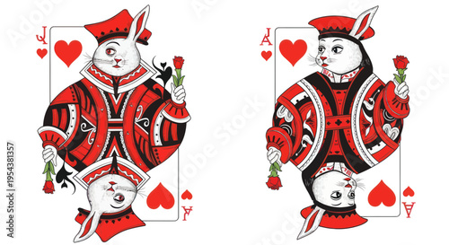 Playing Cards Jack and Ace Rabbits with Roses, Hearts Suit, White Background