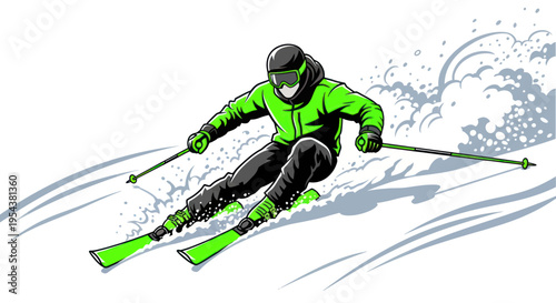 Skier in Neon Green Outfit Carving Down Snowy Slope, Winter Sport Action