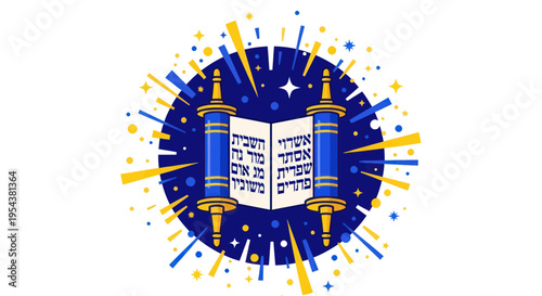 Torah scroll with Hebrew text, festive background, Jewish holiday celebration