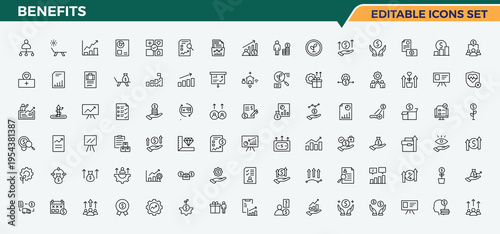 Benefits vector line icon set. Bonus icon set. Minimalist linear icons. Related to employee benefit, reward, benefit, gift and more. Editable stroke. Vector collection.
