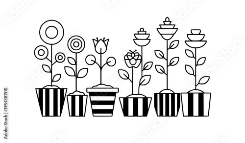 Botanical flower pots line icon set striped planter vector illustration