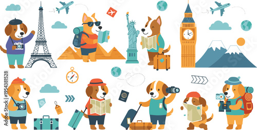 Cute Dogs Traveling Around World Collection with Famous Landmarks Eiffel Tower Statue of Liberty Big Ben and Tourist Cartoon Vector Illustration Set