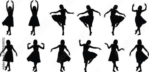 Black vector silhouette set of young ballerinas for concepts of classical dance ballet performance artistic movement graceful exercise and branding