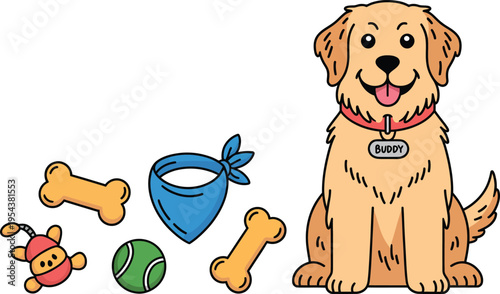 A cartoon golden retriever dog with toys and accessories on a white background