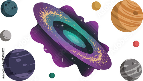 A vibrant illustration of a colorful galaxy with planets and stars in space