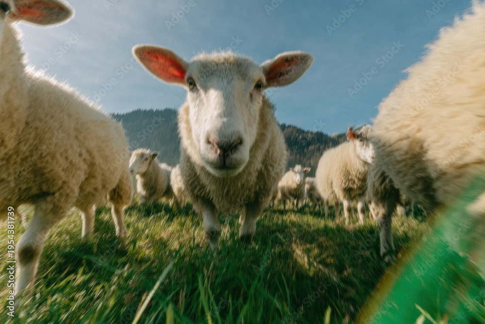 Obraz premium Flock of Curious Sheep Grazing in a Green Summer Meadow in the Mountains, Close Up View of Livestock Pasturing for Agriculture and Sustainable Farming Website