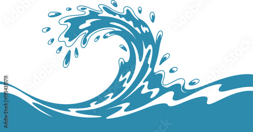 A stylized illustration of a crashing ocean wave in blue and white