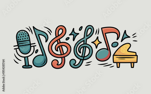 A colorful illustration of music symbols and a piano on a gray background