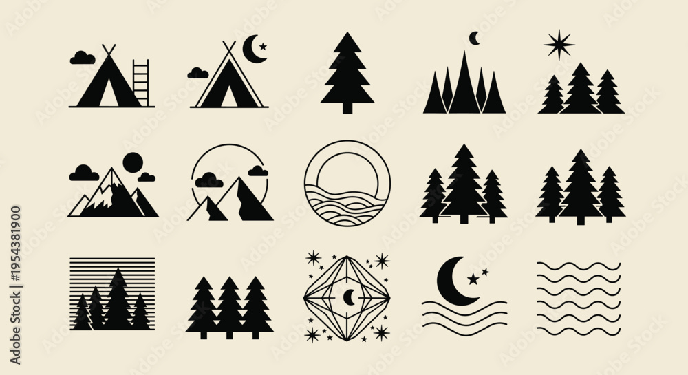 Fototapeta premium Minimalist black camping icons and outdoor nature symbols set featuring mountains, pine trees, tents, moon, and forest elements for adventure design.