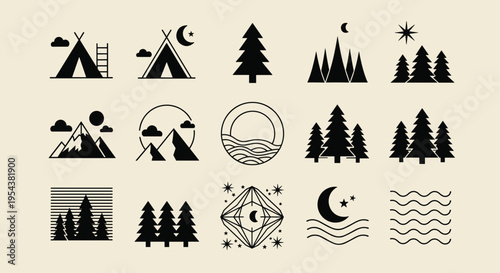 Minimalist black camping icons and outdoor nature symbols set featuring mountains, pine trees, tents, moon, and forest elements for adventure design.