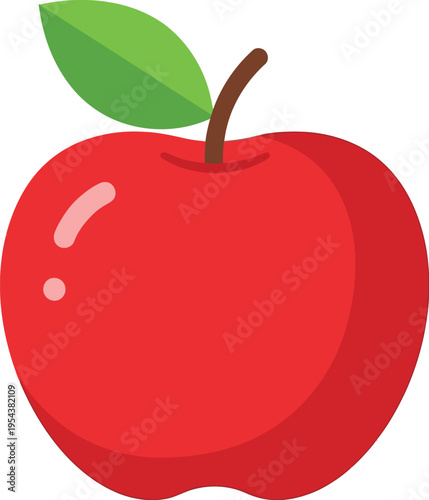 Simple Flat Design Red Apple Fruit Illustration with Green Leaf