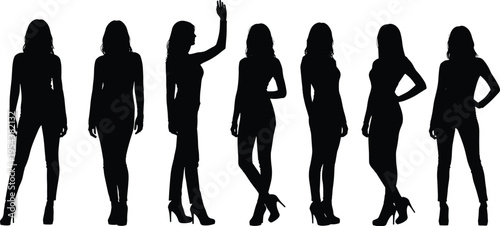 Set of black silhouettes featuring beautiful women in various fashion poses and high heels isolated on a plain white background.