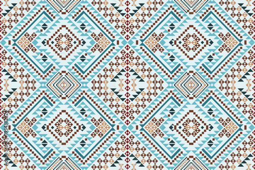 Intricate seamless geometric mosaic pattern with tribal ethnic motifs. Vector abstract diamond and triangle ornament in colorful earthy tones. Traditional Southwestern textile background for luxury,…