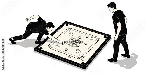Carrom board game illustration, players striking coins, traditional tabletop game design, precision and strategy play, cultural recreation, flat vector illustration