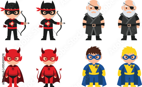 Flat Vector Character Set Featuring Cute Chibi Superheroes Archers Villains and Pirates in Different Costumes Isolated on Plain White Background