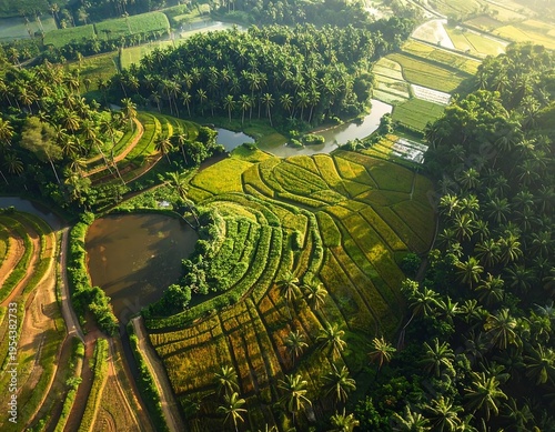 Wallpaper Mural Aerial view captures lush, terraced fields and vibrant green vegetation along a winding river, bathed in golden sunlight Torontodigital.ca