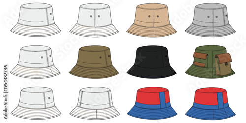 Bucket hat illustration set, fashion accessory design variations, stylish headwear collection, trendy casual hats catalog layout, flat vector illustration