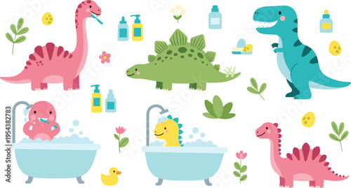 Cute Dinosaurs Bath Time Collection with Cartoon Prehistoric Animals Washing in Bathtub Kids Hygiene and Baby Care Vector Illustration Set