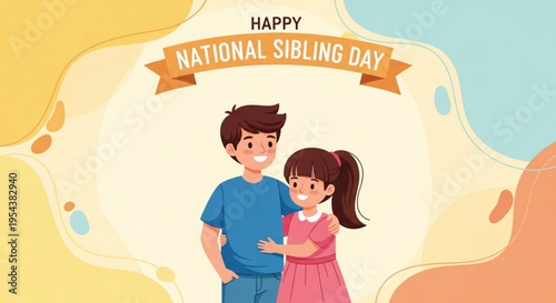 Happy national sibling day cartoon illustration of brother and sister