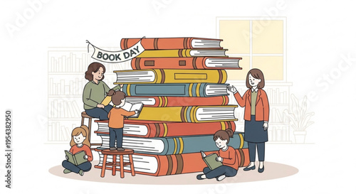 Family celebrating world book day with a large stack of colorful books
