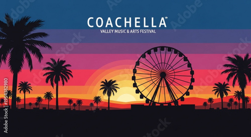 Coachella valley music arts festival at sunset with ferris wheel and palm trees