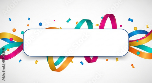 Colorful ribbon banner with confetti on white background for celebration announcement or decoration purposes