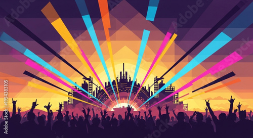 Vibrant festival crowd enjoying live music concert with colorful lights at sunset dancing and having fun at outdoor event