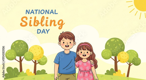 National sibling day illustration with happy brother and sister standing together in a sunny park