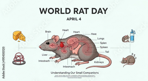 Anatomy of a rat with labeled organs on world rat day april 4 with food and health elements