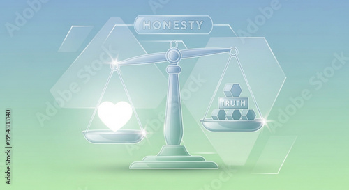 Scales of honesty with heart and money on balance symbolizing integrity and truth in finance and business